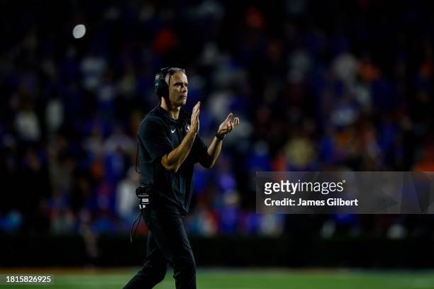 Head coach Mike Norvell of the Florida State Seminoles reacts during the second half of a game against the Florida Gators at Ben Hill Griffin Stadium...