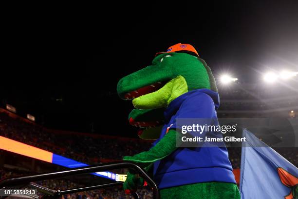 Florida Gators Mascot Albert the Alligator looks on before the start of a game against the Florida State Seminoles at Ben Hill Griffin Stadium on...