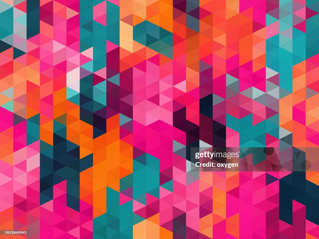 Abstract Triangle Geometric Shapes Multicolored Vibrant Textured Seamless Pattern Background. Magenta Orange Aqua Diamond Rhombus Triangle Shapes