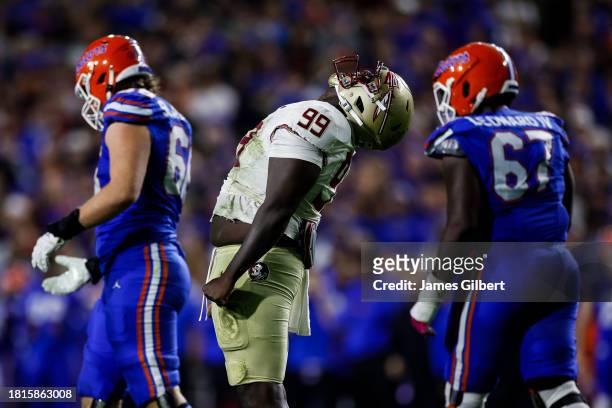 Malcolm Ray of the Florida State Seminoles reacts during the second half of a game against the Florida Gators at Ben Hill Griffin Stadium on November...