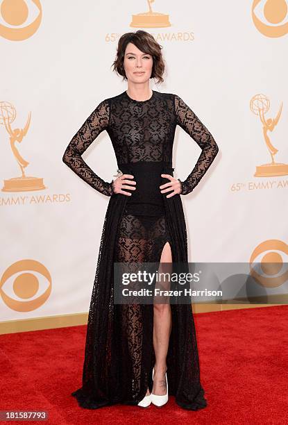 Actress Lena Headey arrives at the 65th Annual Primetime Emmy Awards held at Nokia Theatre L.A. Live on September 22, 2013 in Los Angeles, California.