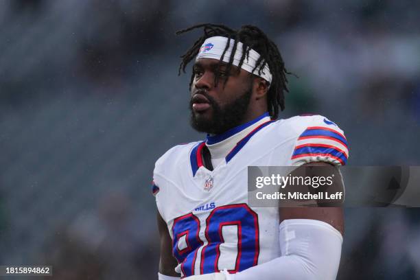 Shaq Lawson of the Buffalo Bills looks on against the Philadelphia Eagles at Lincoln Financial Field on November 26, 2023 in Philadelphia,...