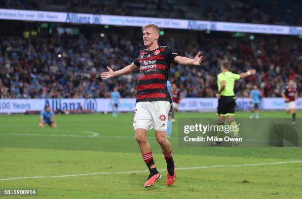 Zac Sapsford of the Wanderers celebrates after scoring the teams first goal during the A-League Men round five match between Sydney FC and Western...