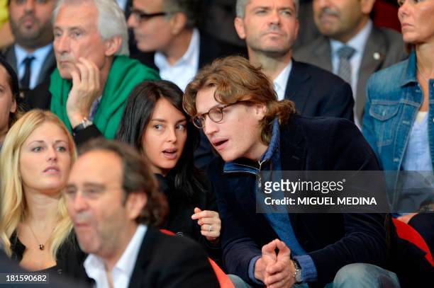 French former President's son Jean Sarkozy and his wife, Jessica Sebaoun-Darty, attend the French L1 football match Paris Saint-Germain vs Monaco ,...