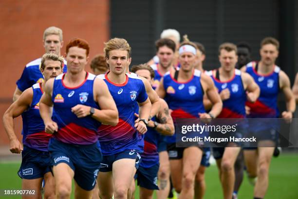 Ryley Sanders of the Bulldogs trains during a Western Bulldogs AFL training session at Whitten Oval on November 27, 2023 in Melbourne, Australia.