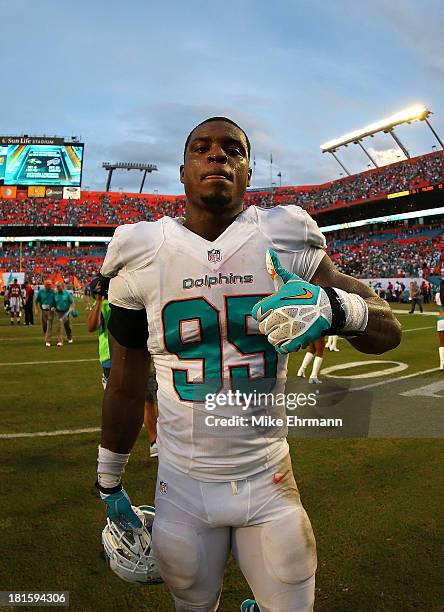 Dion Jordan of the Miami Dolphins reacts to winning a game against the Atlanta Falcons at Sun Life Stadium on September 22, 2013 in Miami Gardens,...