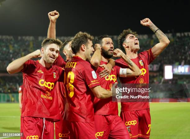 Pietro Iemmello of US Catanzaro 1929 is celebrating a goal during the Serie B BKT match between Palermo FC and US Catanzaro in Palermo, Italy, on...