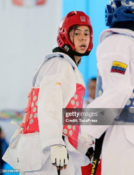 Belen Costa Ortega of Peru competes in Woman´s 63 kg Taekwondo as part of the I ODESUR South American Youth Games at on September 22, 2013 in Lima,...