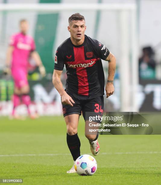 Granit Xhaka of Bayer 04 Leverkusen plays the ball during the Bundesliga match between SV Werder Bremen and Bayer 04 Leverkusen at Wohninvest...