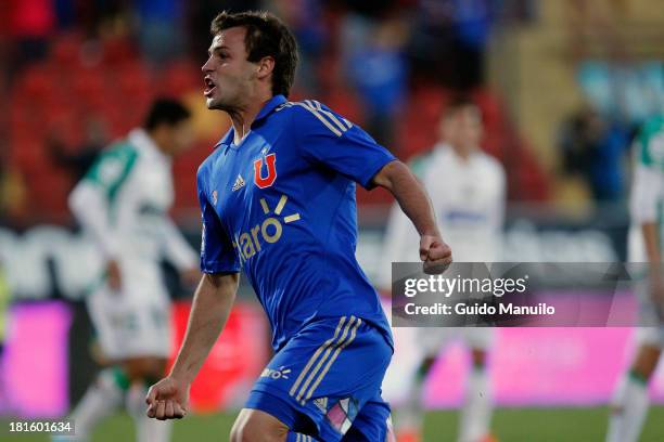 Juan Ignacio Sills of Universidad de Chile celebrates a scored goal during a match between U de Chile and Audax Italiano as part of the Torneo...