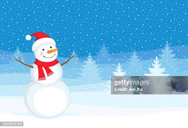 snowman on winter landscape background - outdoor background stock illustrations