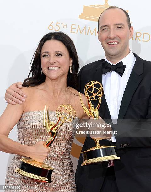 Actress Julia Louis-Dreyfus, winner of the Best Lead Actress In A Comedy Seriers Award for "Veep" and actor Tony Hale, winner of the Best Supporting...