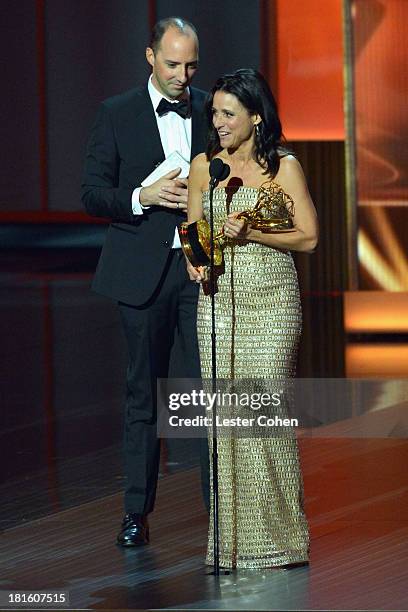 Actors Tony Hale and Julia Louis-Dreyfus appear onstage during the 65th Annual Primetime Emmy Awards held at Nokia Theatre L.A. Live on September 22,...