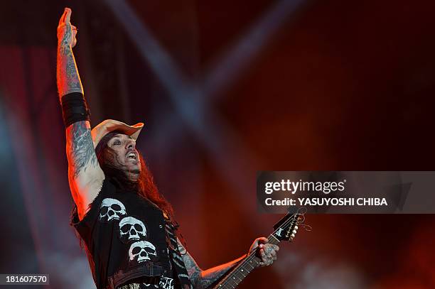 Cadu Pelegrini of Brazilian band Kiara Rocks performs during the final day of the Rock in Rio music festival in Rio de Janeiro, Brazil, on September...