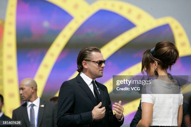 Actor Leonardo DiCaprio and actress Kate Beckinsale attend a launching ceremony for the Qingdao Oriental Movie Metropolis on September 22, 2013 in...