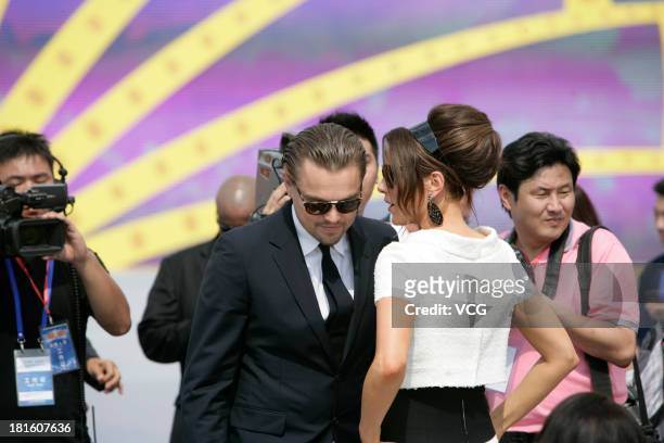Actor Leonardo DiCaprio and actress Kate Beckinsale attend a launching ceremony for the Qingdao Oriental Movie Metropolis on September 22, 2013 in...