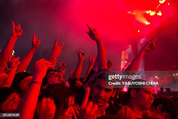 Fans attend the performance of Brazilian band Kiara Rocks during the final day of the Rock in Rio music festival in Rio de Janeiro, Brazil, on...