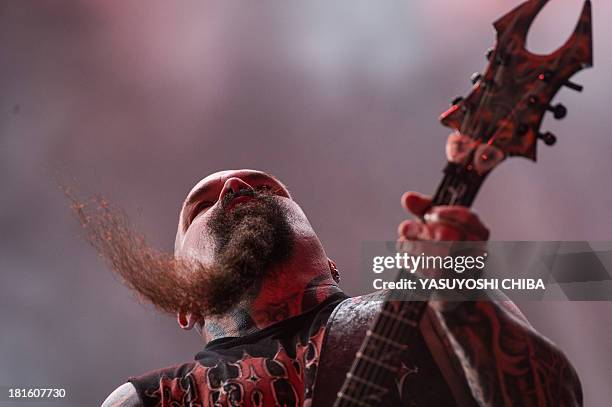 Kerry King of US thrash metal band Slayer performs during the final day of the Rock in Rio music festival in Rio de Janeiro, Brazil, on September 22,...