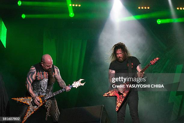 Kerry King and Gary Holt of US thrash metal band Slayer perform during the final day of the Rock in Rio music festival in Rio de Janeiro, Brazil, on...