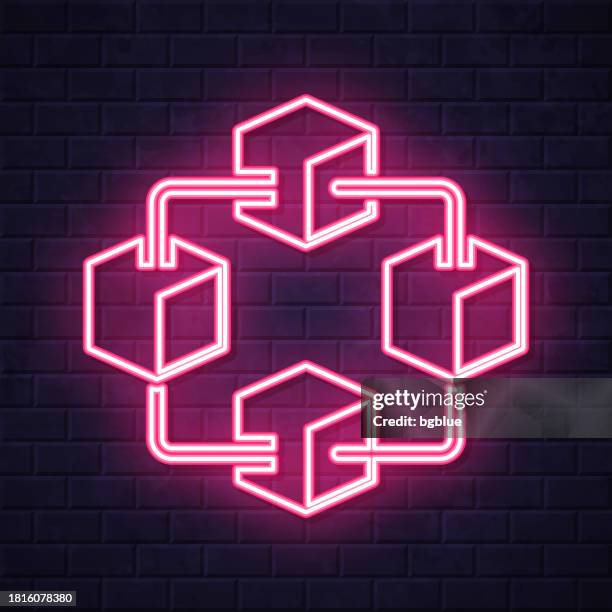 blockchain technology. glowing neon icon on brick wall background - fintech logo stock illustrations