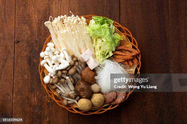 edible mushrooms ,noodles and raw foods - fishball stock-fotos und bilder