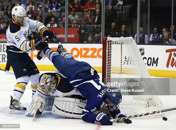 Toronto Maple Leafs left wing James van Riemsdyk would get a goal tender interference penalty for running over Buffalo Sabres goalie Ryan Miller as...