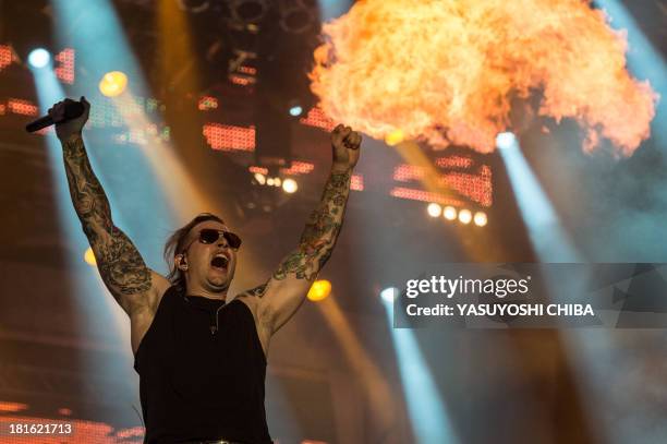 Shadows of American heavy metal band Avenged Sevenfold performs during the final day of the Rock in Rio music festival in Rio de Janeiro, Brazil, on...