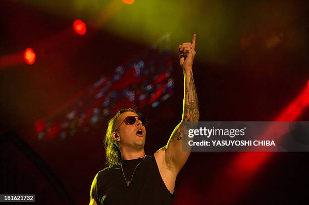 Shadows of American heavy metal band Avenged Sevenfold performs during the final day of the Rock in Rio music festival in Rio de Janeiro, Brazil, on...