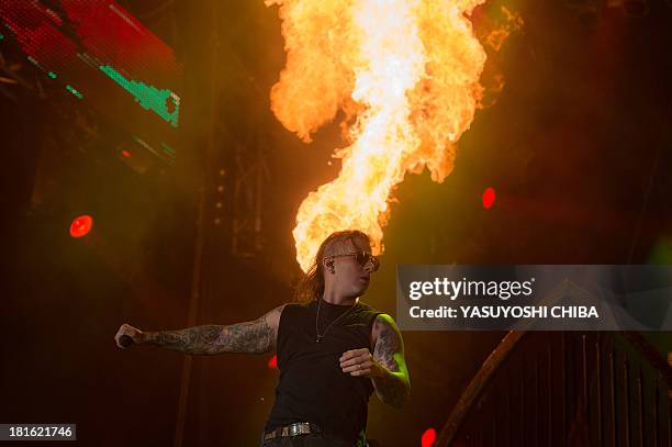 Shadows of American heavy metal band Avenged Sevenfold performs during the final day of the Rock in Rio music festival in Rio de Janeiro, Brazil, on...