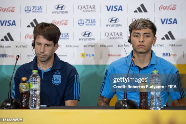 Argentina Head Coach Diego Placente and Argentina Agustin Ruberto attend the pre-match press conference at Manahan Stadium on November 27, 2023 in...