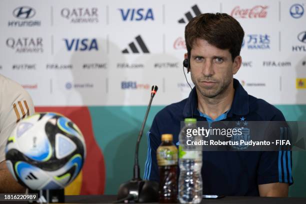 Argentina Head Coach Diego Placente speaks during pre-match press conference at Manahan Stadium on November 27, 2023 in Surakarta, Indonesia.