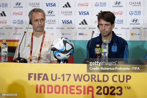 Germany Head Coach Christian Wueck and Argentina Head Coach Diego Placente attend the pre-match press conference at Manahan Stadium on November 27,...