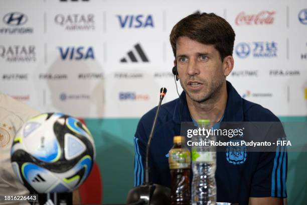 Argentina Head Coach Diego Placente speaks during pre-match press conference at Manahan Stadium on November 27, 2023 in Surakarta, Indonesia.