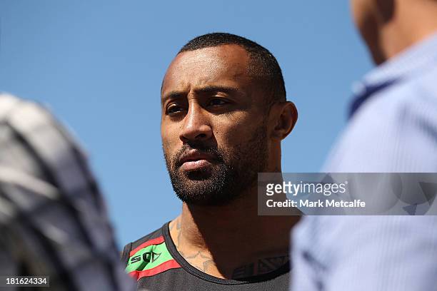 Roy Asotasi speaks to the media during a South Sydney Rabbitohs NRL recovery session at Clovelly Beach on September 23, 2013 in Sydney, Australia.