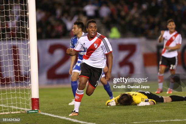 Carlos Carbonero, of River Plate, celebrates after scoring during a match between River Plate and All Boys as part of the Torneo Inicial 2013 at...