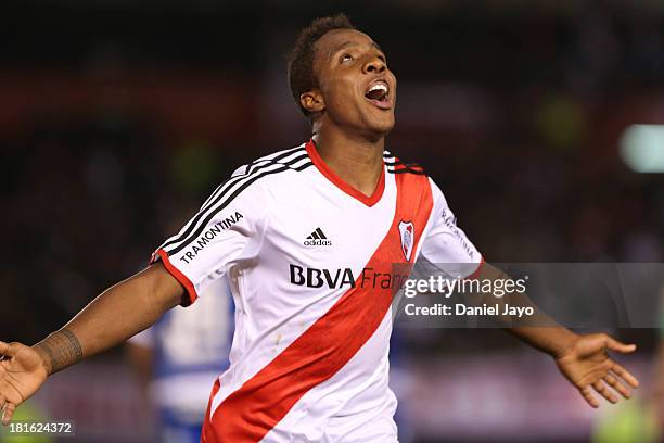 Carlos Carbonero, of River Plate, celebrates after scoring during a match between River Plate and All Boys as part of the Torneo Inicial 2013 at...