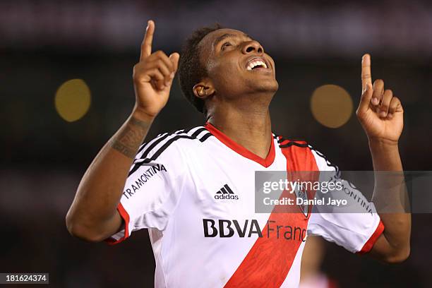 Carlos Carbonero, of River Plate, celebrates after scoring during a match between River Plate and All Boys as part of the Torneo Inicial 2013 at...