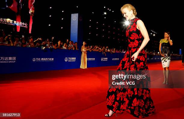 Actress Nicole Kidman arrives on the red carpet during the opening night of the Qingdao Oriental Movie Metropolis at Qingdao Beer City on September...