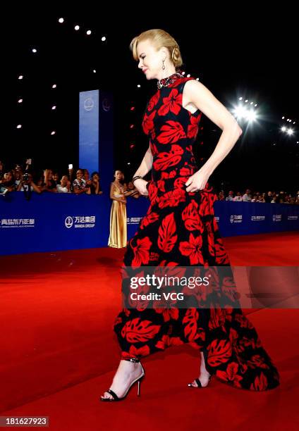 Actress Nicole Kidman arrives on the red carpet during the opening night of the Qingdao Oriental Movie Metropolis at Qingdao Beer City on September...