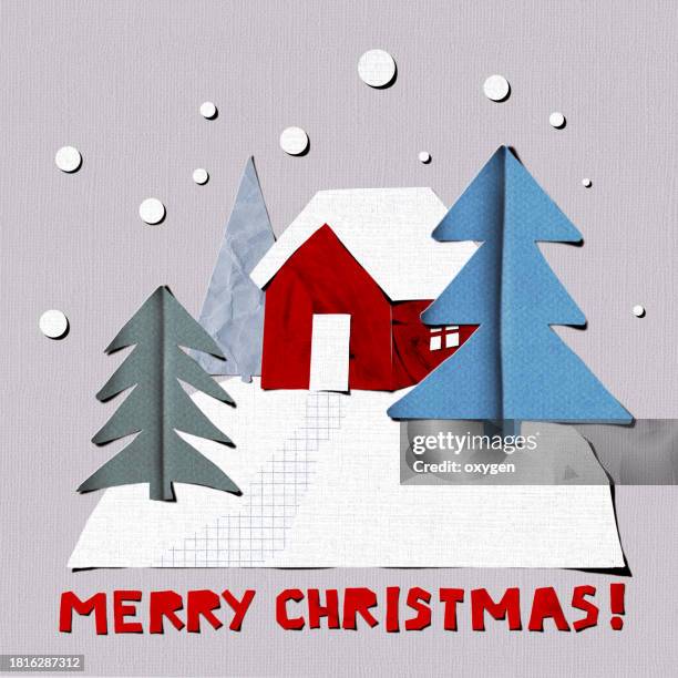 merry christmas paper cutting card. small tiny red house with fir trees and white snow, textured  background.  happy holiday and new year  digital scadinavian hugge illustration for design, card or print - white house christmas stock pictures, royalty-free photos & images