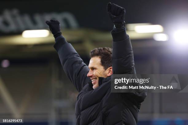 Gareth Taylor, Manager of Manchester City, celebrates after the teams sixth goal during the Barclays Women´s Super League match between Manchester...