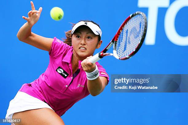 Masaki Doi of Japan in action during her women's singles first round match against Varvara Lepchenko of the United States during day two of the Toray...