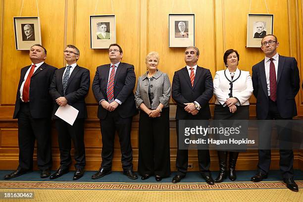Members of the new Labour shadow cabinet from left, Shane Jones, David Parker, Grant Robertson, Annette King, Clayton Cosgrove, Sue Moroney and...