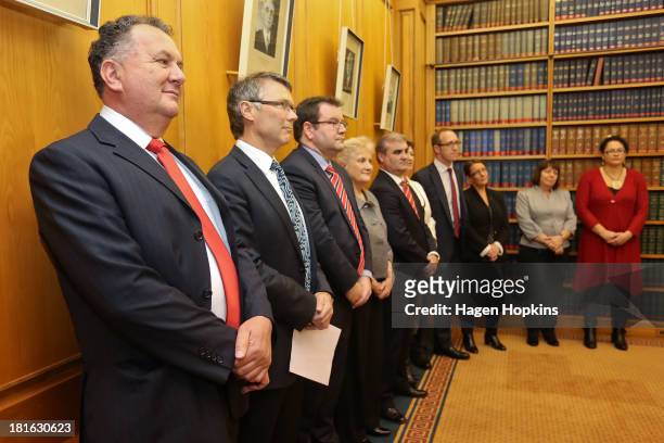 Members of the new Labour shadow cabinet from left, Shane Jones, David Parker, Grant Robertson, Annette King, Clayton Cosgrove, Sue Moroney, Andrew...
