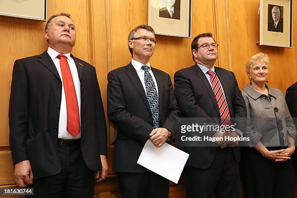 To R, Shane Jones, David Parker, Grant Robertson and Annette King look on during a press conference at Parliament on September 23, 2013 in...
