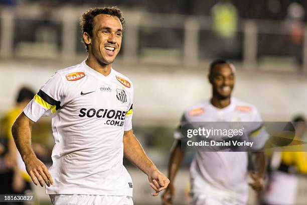 Thiago Ribeiro of Santos celebrates a scored goal during the match between Santos and Criciuma for the Brazilian Series A 2013 at Vila Belmiro...