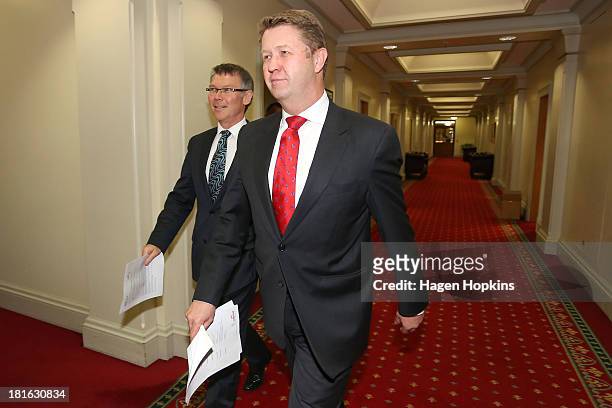 Labour leader David Cunliffe and deputy leader David Parker arrive at a press conference at Parliament on September 23, 2013 in Wellington, New...