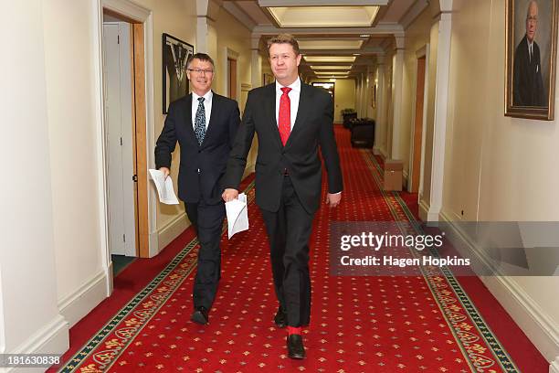 Labour leader David Cunliffe and deputy leader David Parker arrive at a press conference at Parliament on September 23, 2013 in Wellington, New...