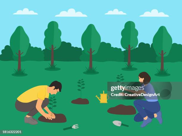 bildbanksillustrationer, clip art samt tecknat material och ikoner med young man and woman planting seedlings. reforestation, environmental conservation, taking care of planet and nature - plantera