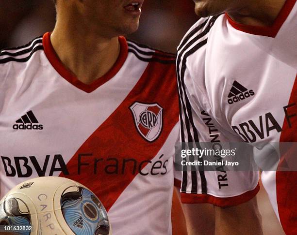 Details of River Plate jersey during a match between River Plate and All Boys as part of the Torneo Inicial 2013 at Monumental Stadium on September...